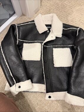 RSQ Black Faux Leather Bomber Jacket with White Sherpa Trim